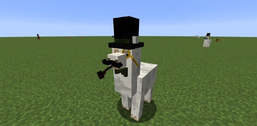 Лама в Minecraft с цилиндром и моноклем, созданная с помощью мода Better Than Llamas