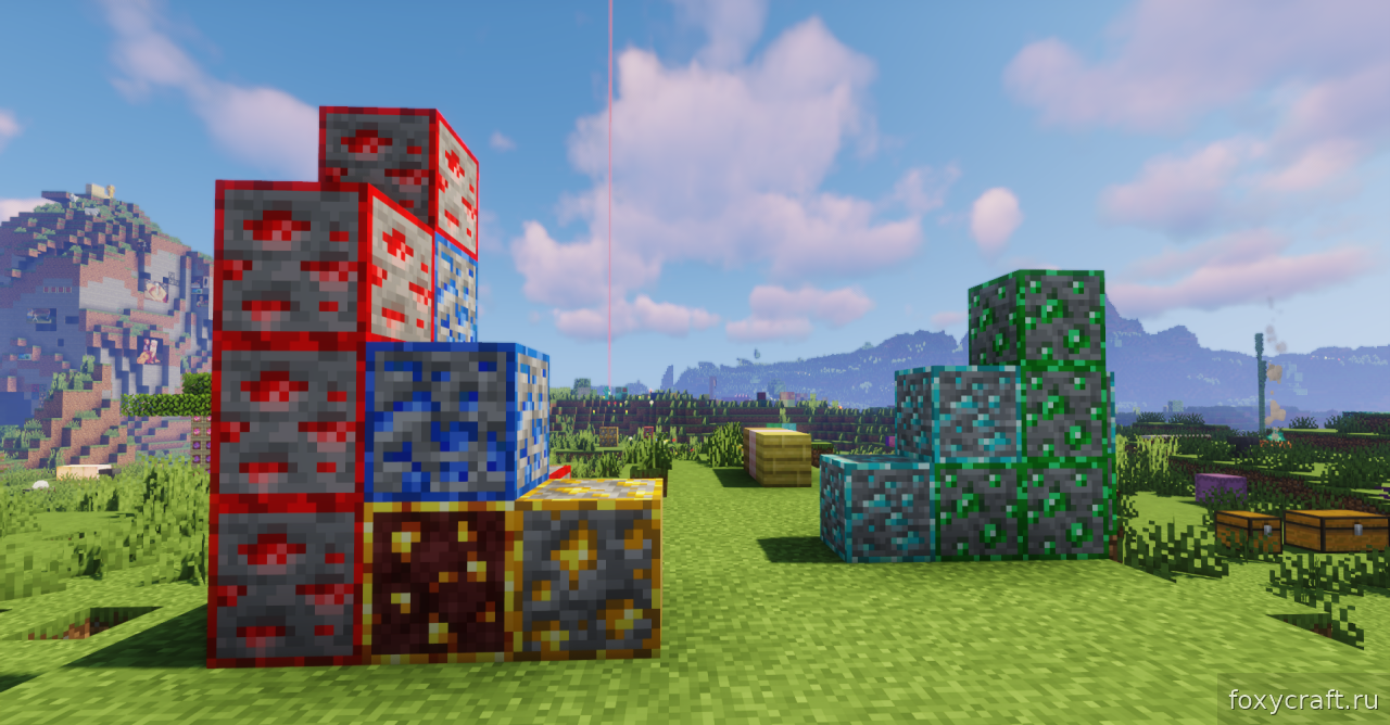 Сравнение обычной и улучшенной видимости руд в пещерах Minecraft