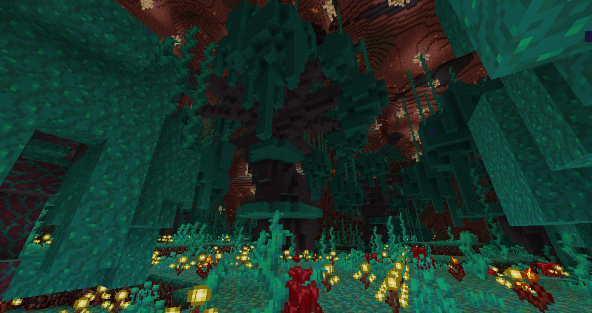 Красивый пейзаж с модом Big Globe - закат над огромным биомом в Minecraft