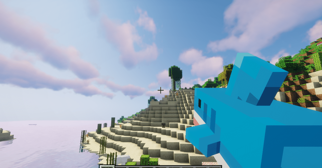 Игрок в Minecraft с текстур-паком Blahaj украшает дом плюшевыми акулами