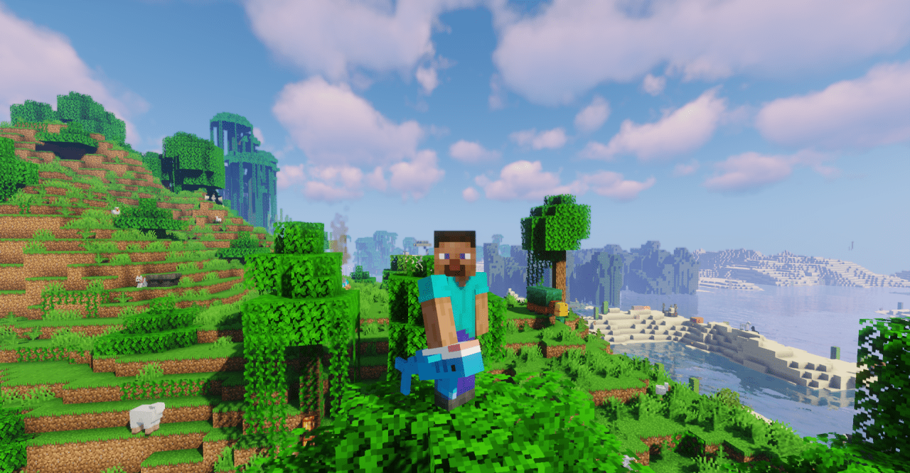 Персонаж Minecraft держит плюшевую акулу Blahaj в игровом мире