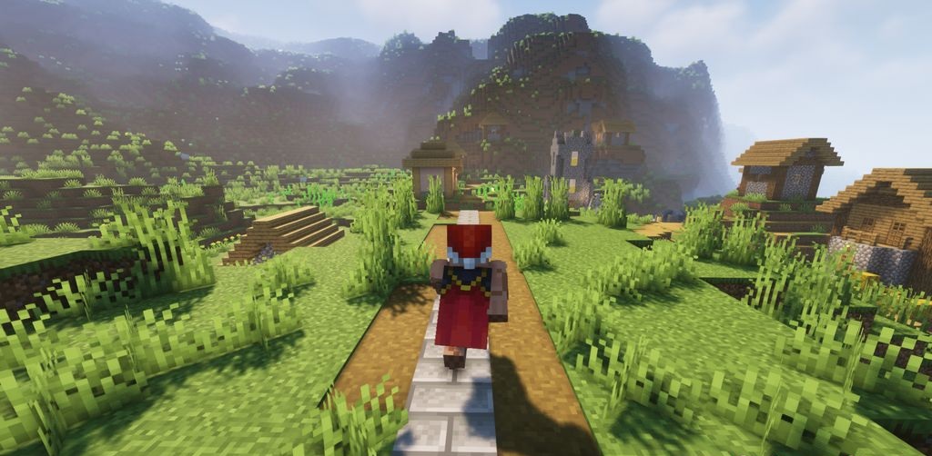 Игрок бежит по специальным блокам в Minecraft с модом Block Runner