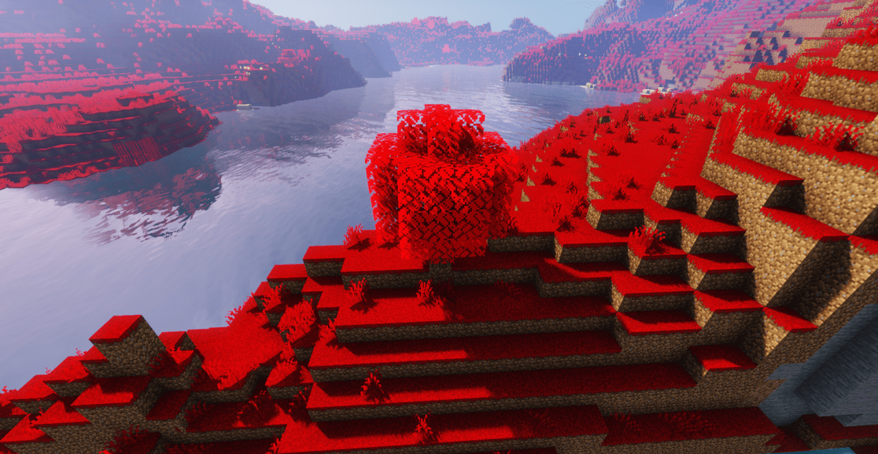 Ночной пейзаж в Minecraft с кроваво-красным лунным светом