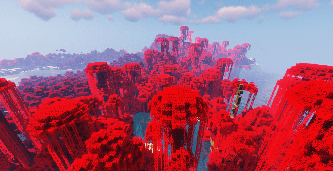 Кровавые текстуры в пещерах Minecraft с модом Blood Environment