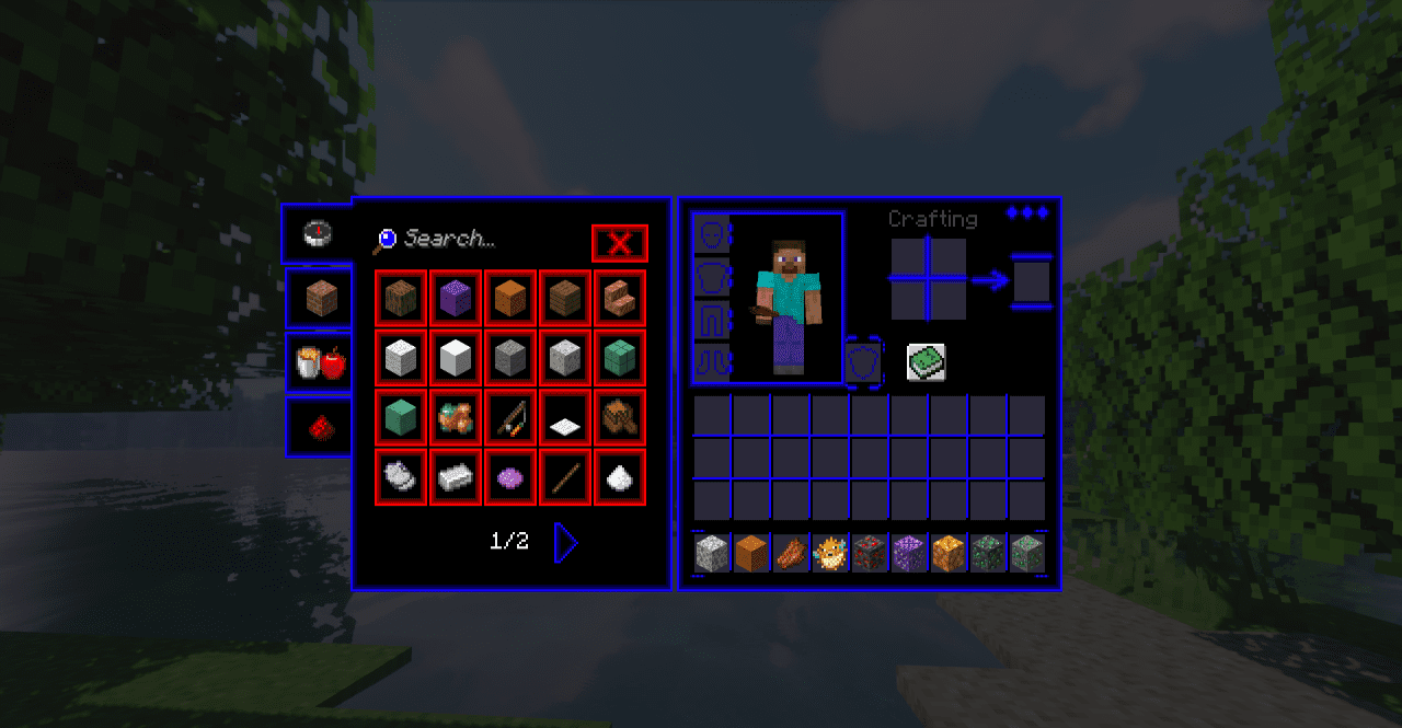 Неоновый интерфейс крафта в Minecraft с синими элементами
