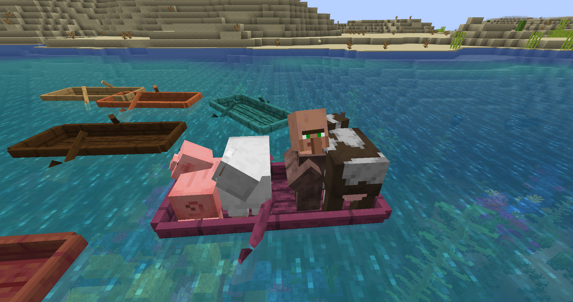 Группа игроков плывет на разных лодках из мода Boatload в Minecraft