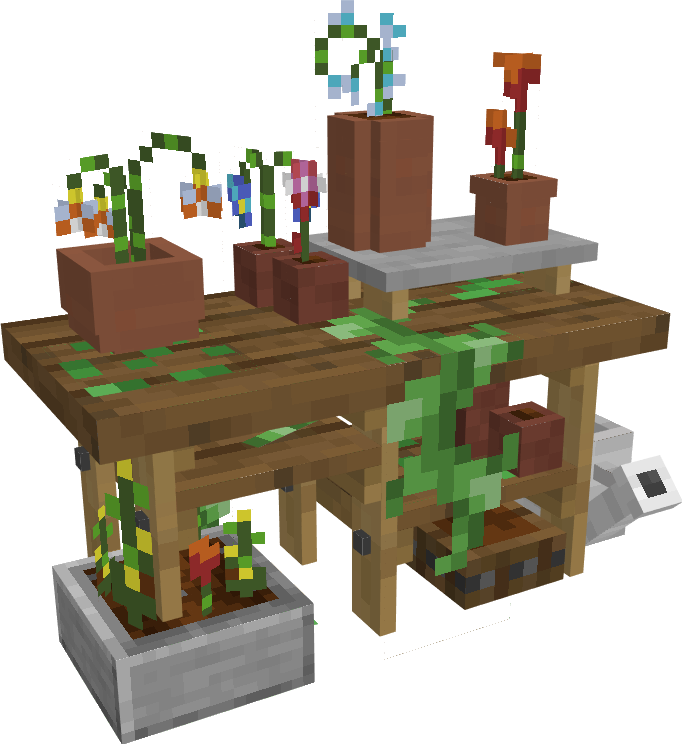 Рабочий стол ботаника в Minecraft с различными растениями и инструментами для их выращивания