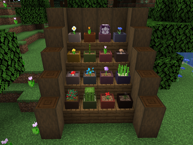 Горшки Botany Pots с разными растениями в интерьере дома Minecraft