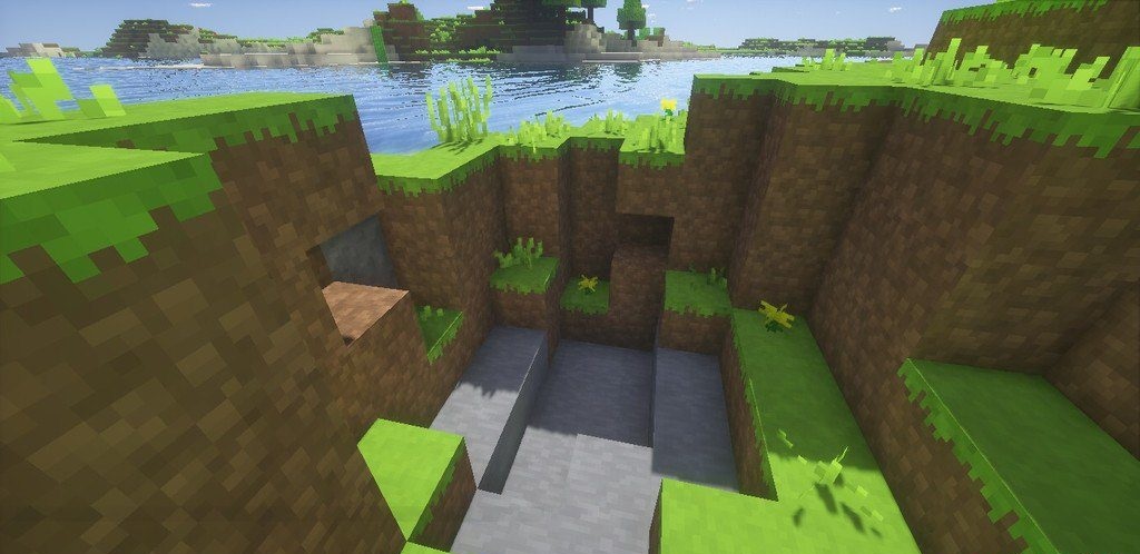 Игровой мир Minecraft с модом Bright Shades, показывающий реалистичное освещение