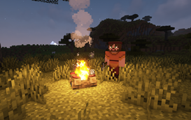 Игрок готовит еду на костре в Minecraft, используя механику обжарки мяса