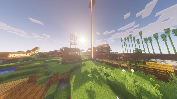 Геймплей Minecraft с модом Cardcrafts Ultraplayable, демонстрирующий реалистичные тени и воду