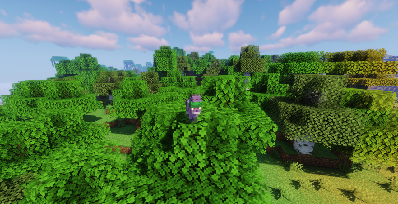 Игрок кормит кошку в шапочке из мода Cat’s Best Friend в Minecraft