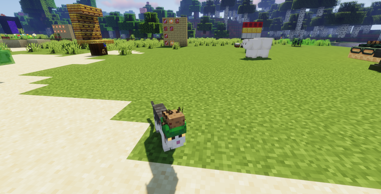 Группа кошек в Minecraft с разными аксессуарами из мода