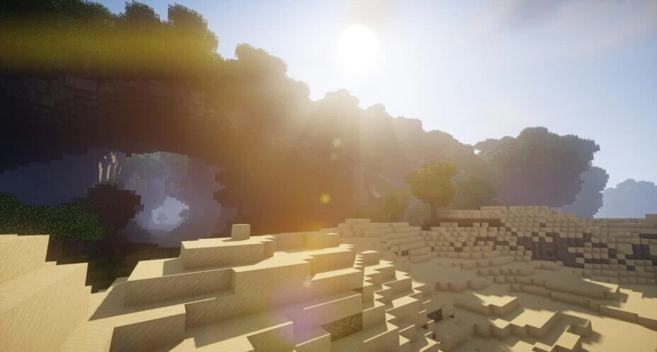 Ночной пейзаж в Minecraft с эффектами освещения от шейдеров Chocapic13