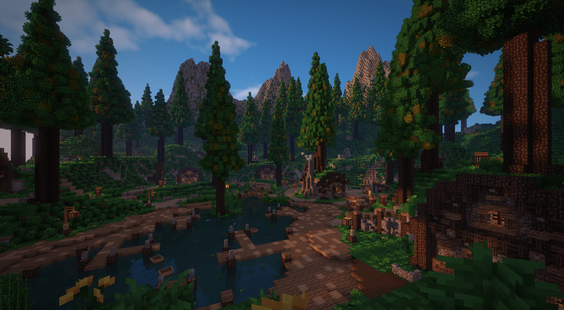 Горный биом в Minecraft с шейдерами, реалистичным небом и водопадами