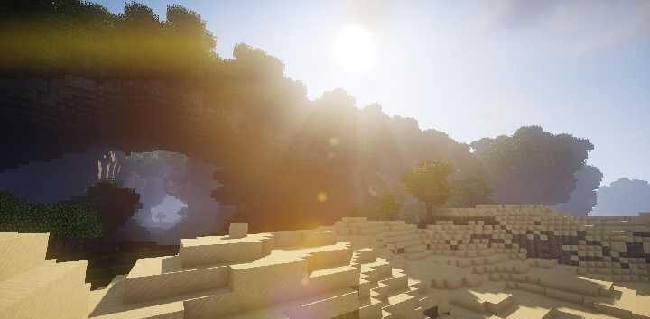 Ночной пейзаж в Minecraft с шейдерами Chocapic13 и звёздным небом