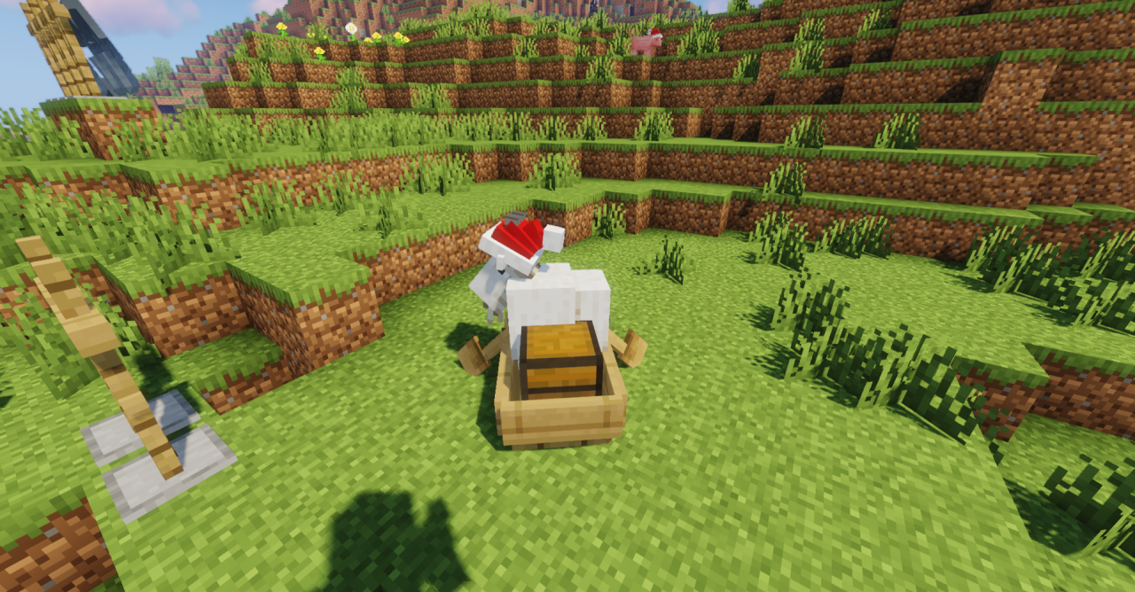 Новогодний биом в Minecraft с украшенными домами и снежными мобами
