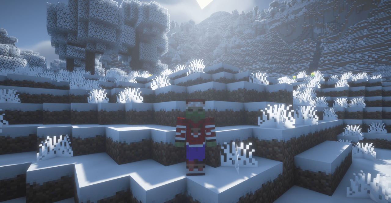Рождественская деревня в Minecraft с гирляндами, снегом и украшенными домами