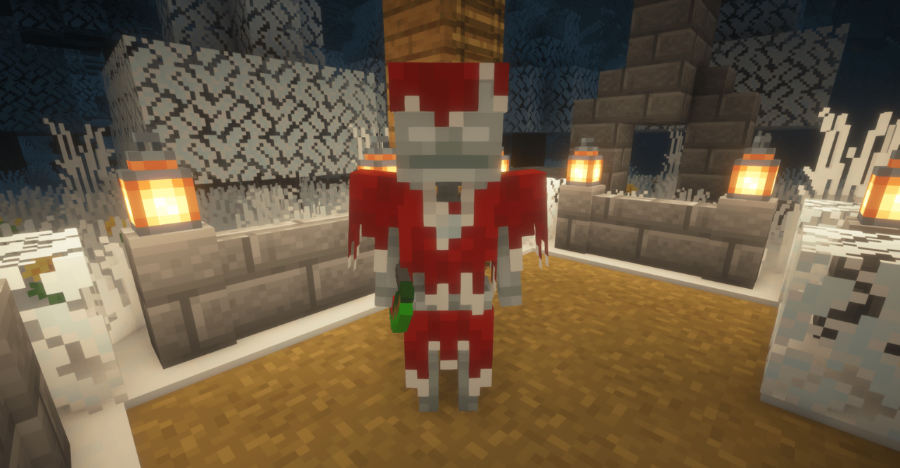 Ночной пейзаж Minecraft в Christmas Spirit с сияющими огнями и снегом