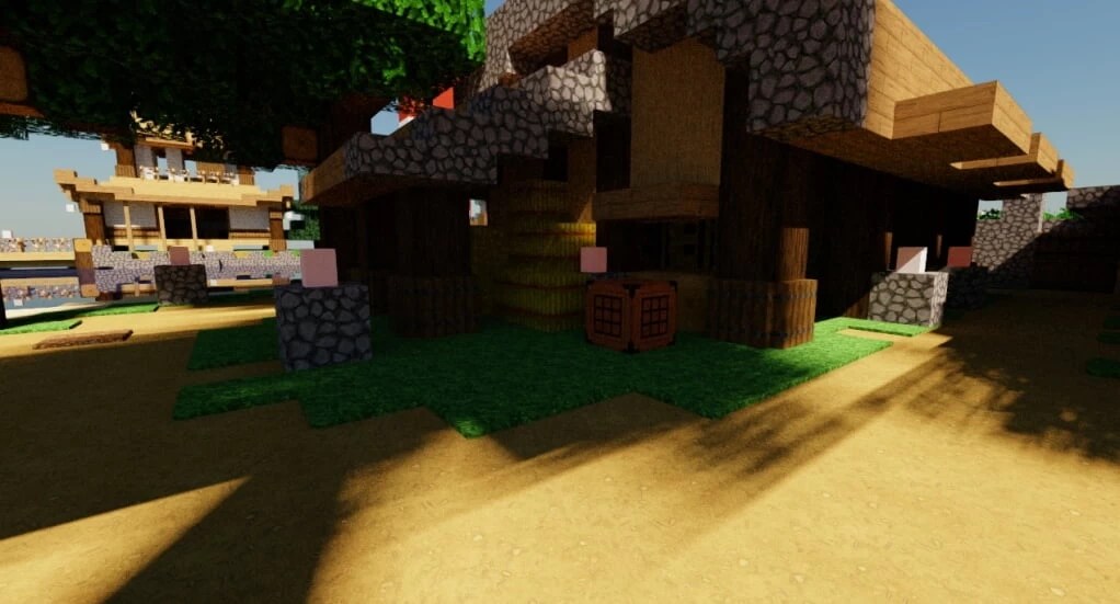 Ночной пейзаж в Minecraft с шейдерами, красивые огни и атмосфера