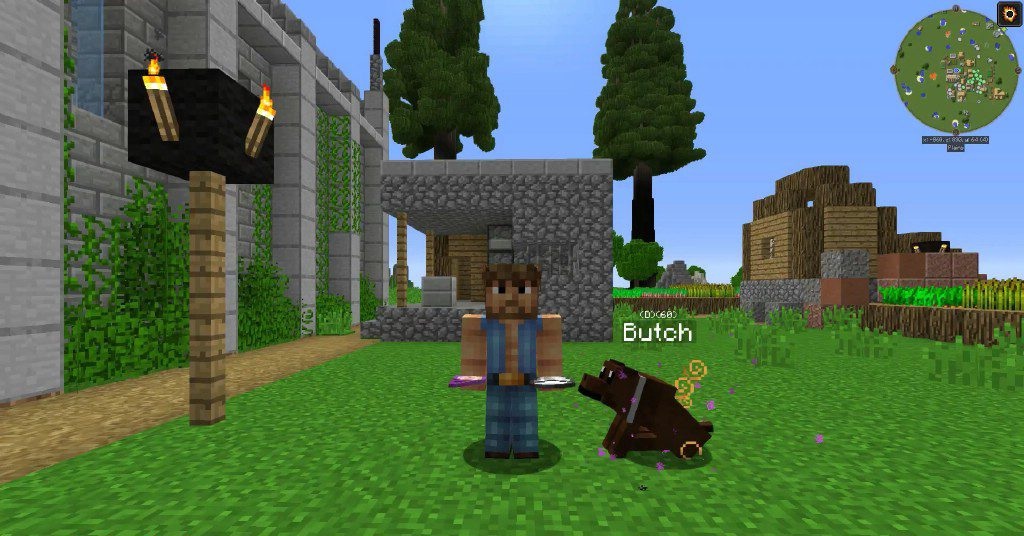 Красивый пейзаж в Minecraft с закатом и горами