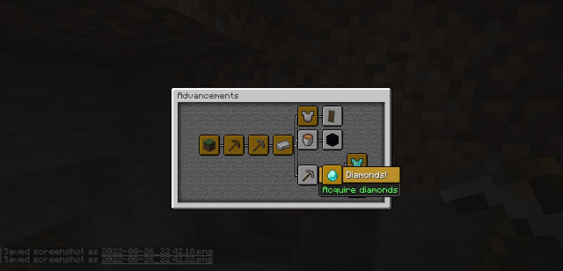 Пример работы мода Clickable Advancements в Minecraft с открытым меню достижений