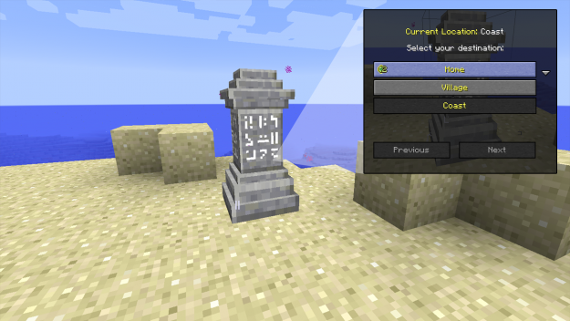 Ночной пейзаж Minecraft с подсвеченным Waystone у воды
