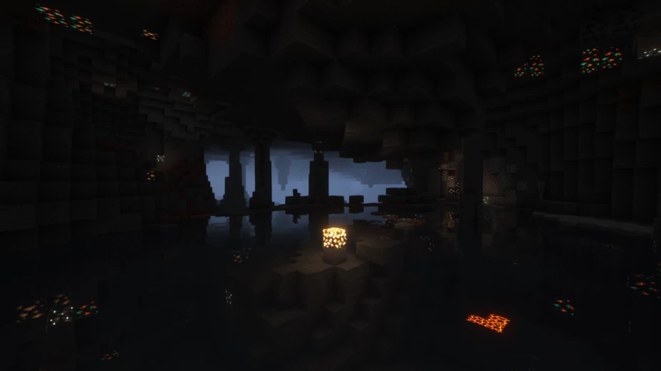 Ночной пейзаж Minecraft с шейдерами: лунный свет, тени и мобы