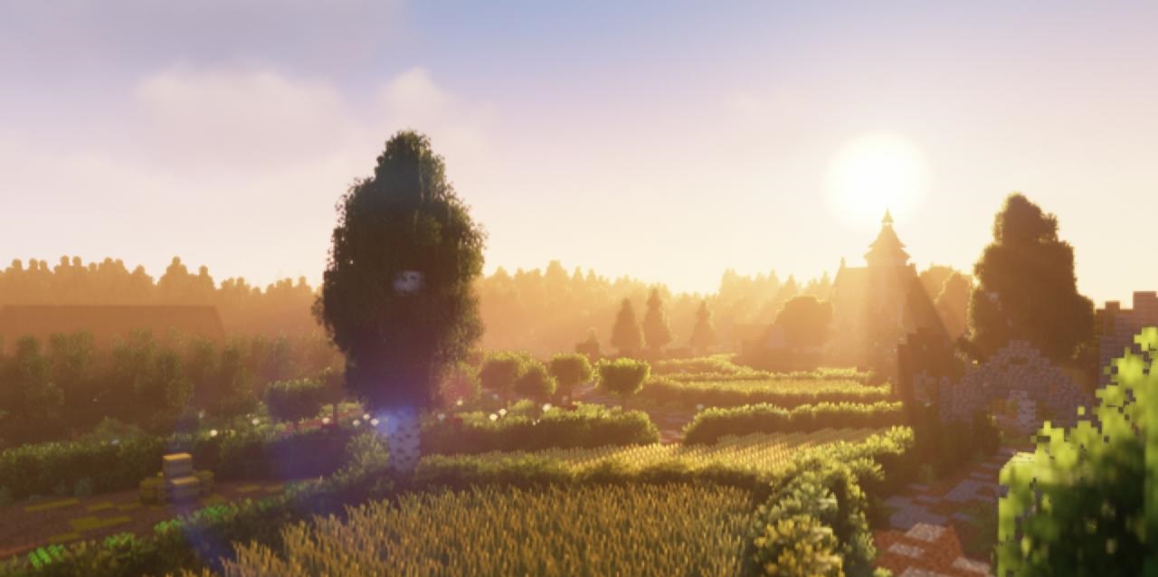 Ночной пейзаж в Minecraft с шейдерами: звёздное небо и реалистичные тени