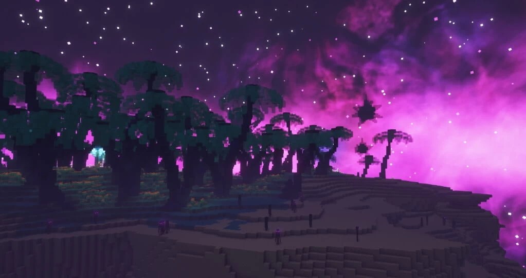 Ночной пейзаж в Minecraft с красивыми огнями и тенями благодаря шейдерам