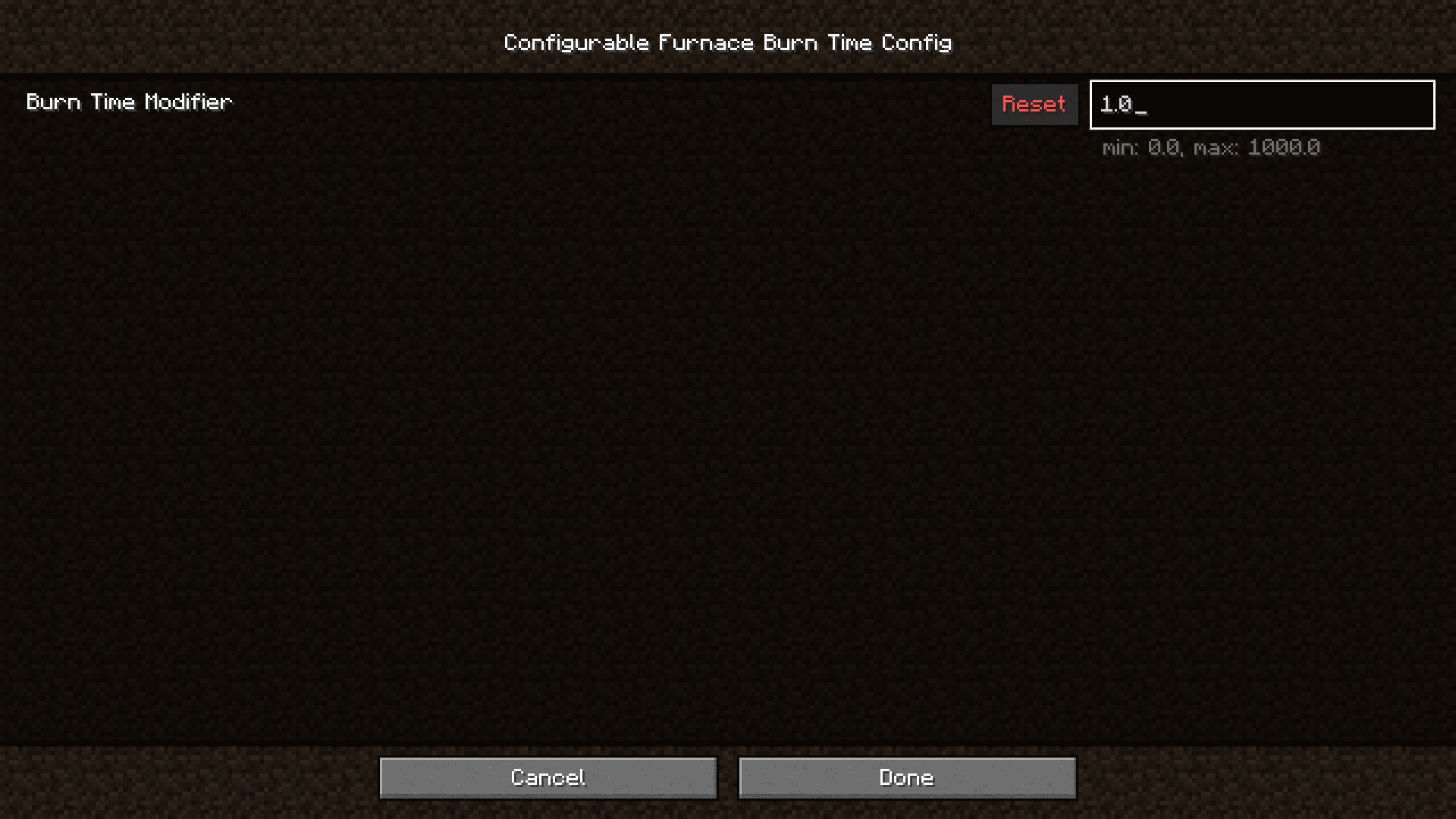 Настройки мода Configurable Furnace Burn Time в меню Minecraft