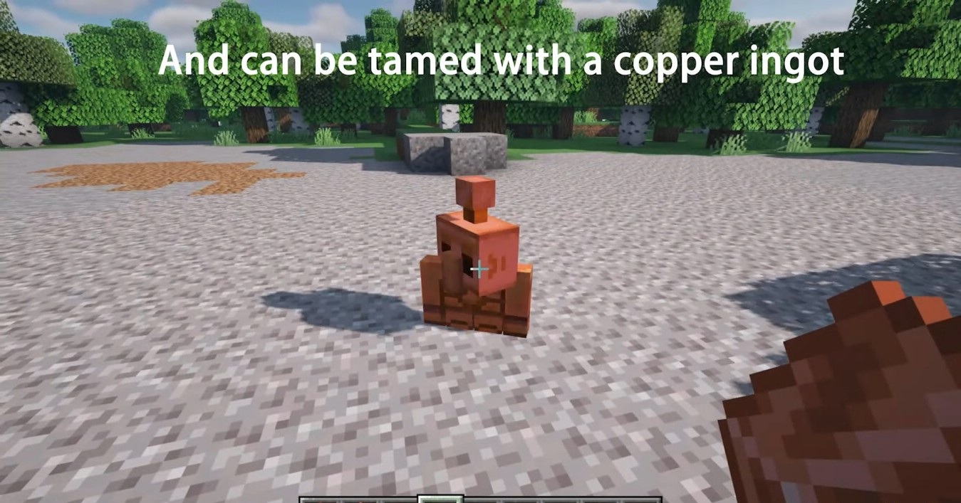 Медный голем в действии: моб нажимает кнопку в Minecraft