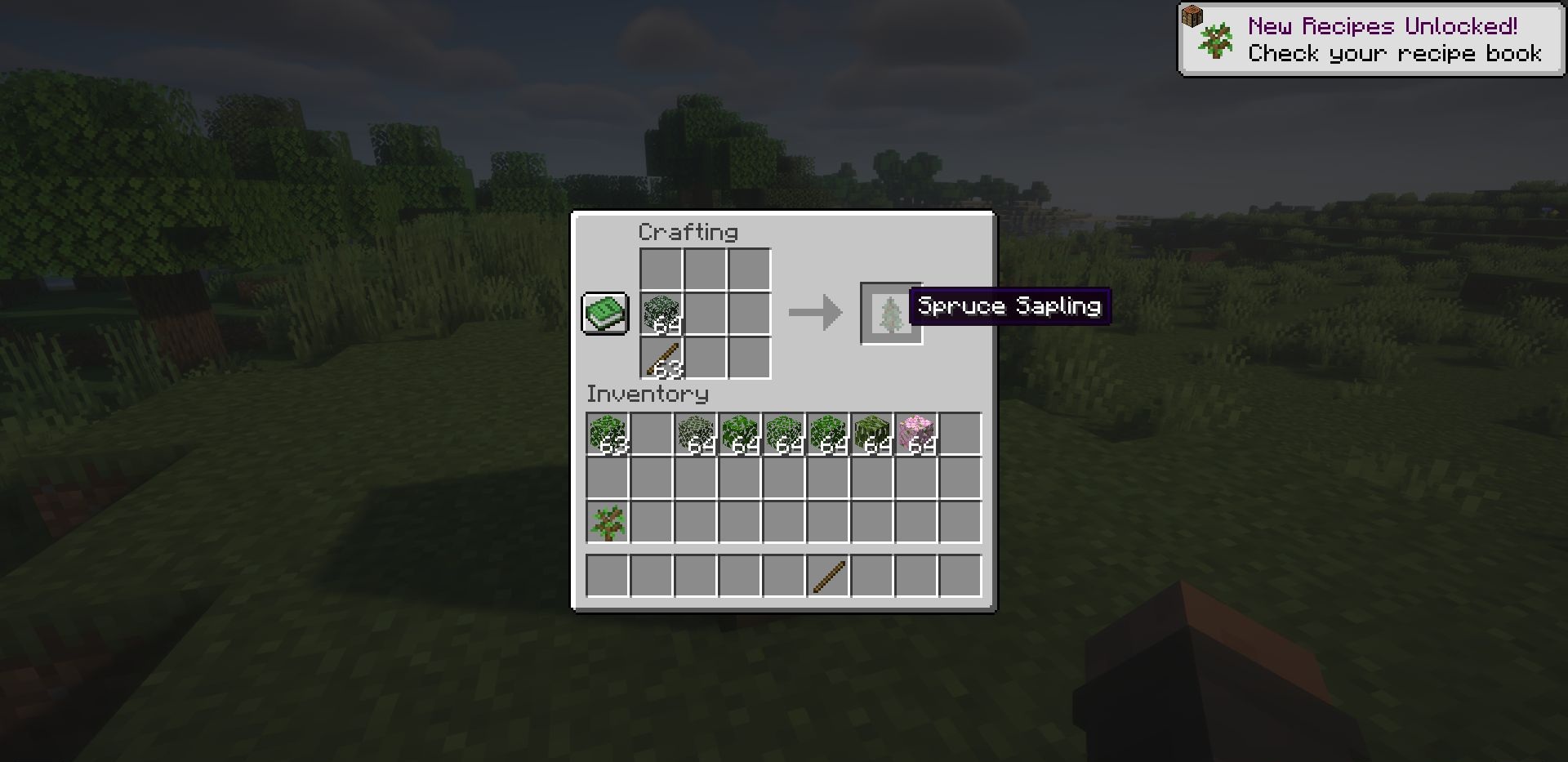 Интерфейс крафта саженцев в инвентаре Minecraft с модом Craftable Saplings