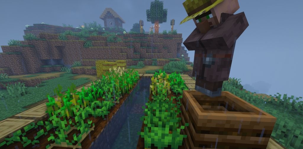 Игровой скриншот Minecraft с модификацией Crops Love Rain, демонстрирующий улучшенный рост моркови