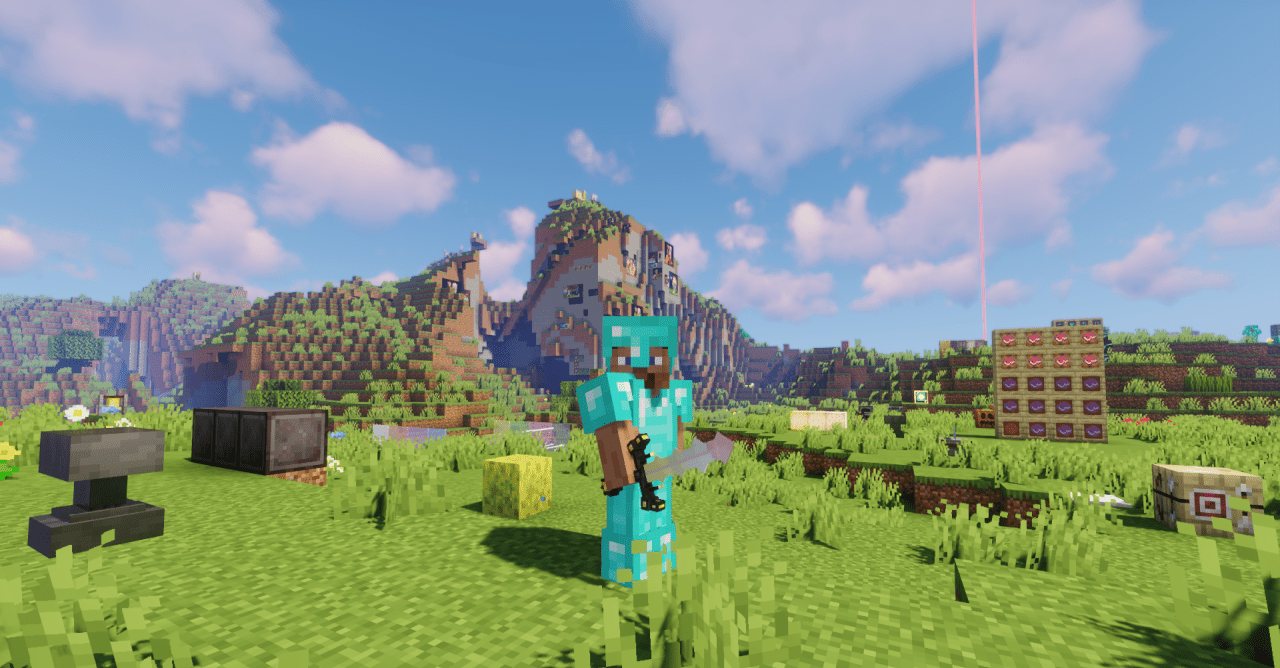 Игровой процесс с пастельными мечами в Minecraft, демонстрирующий их свечение и дизайн