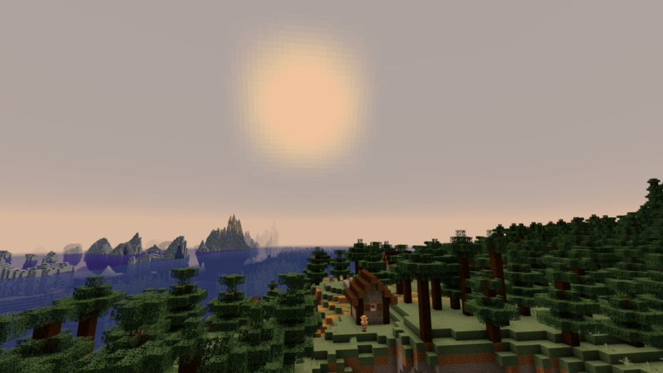 Закат в Minecraft с шейдерами Cyanide, красивые отражения в воде