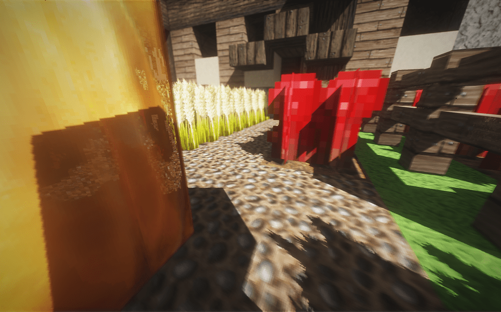 Красивый закат в Minecraft с шейдером Cybox и детализированными облаками