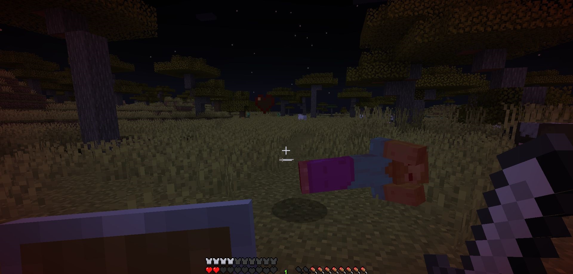 Экран Minecraft с модом Damage Vignette, демонстрирующий красную границу при получении урона