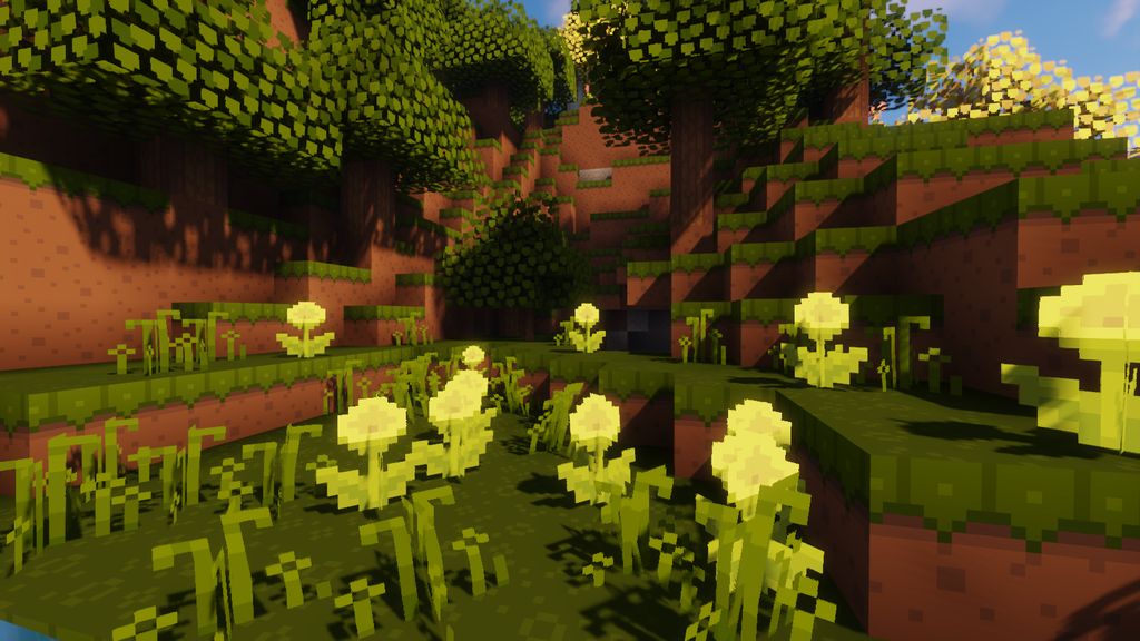 Скриншот игры Minecraft с установленным Dandelion X, показывающий улучшенные текстуры блоков и ландшафта