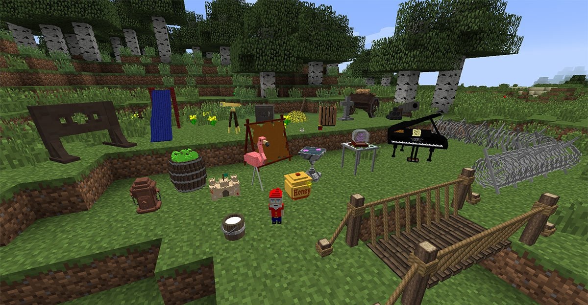 Гостиная в Minecraft с диванами, коврами и другими элементами декора из Decocraft