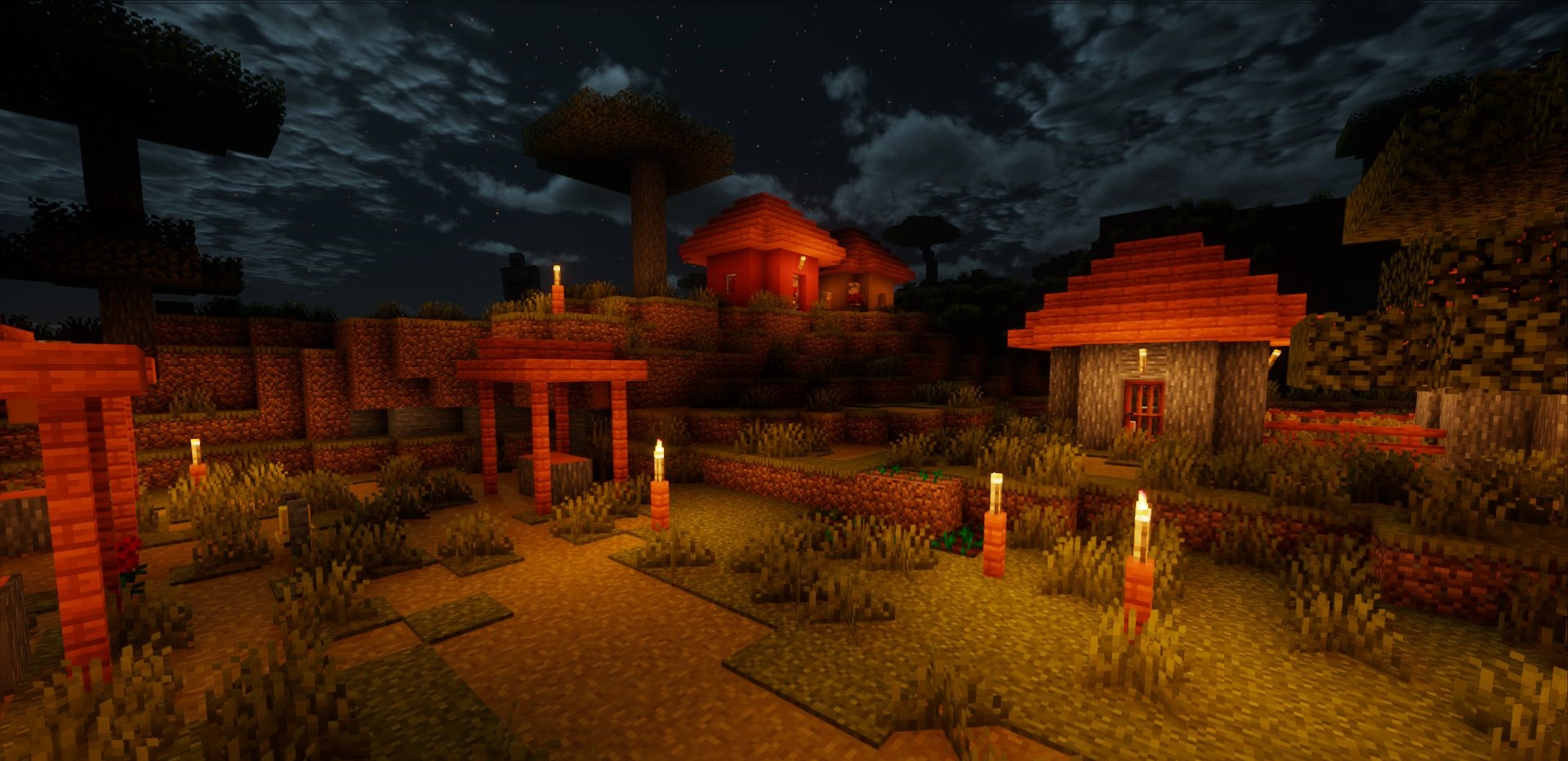 Ночной пейзаж в Minecraft с шейдерами: мягкое освещение и атмосферные эффекты