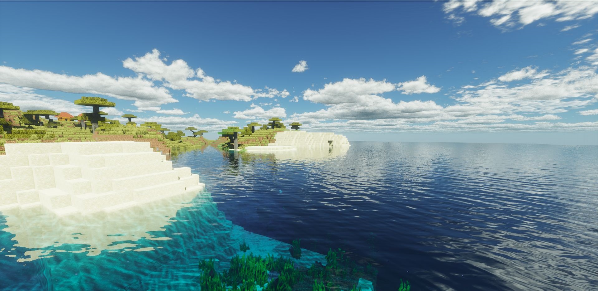 Деревня в Minecraft с шейдерами: теплые огни домов и естественные тени