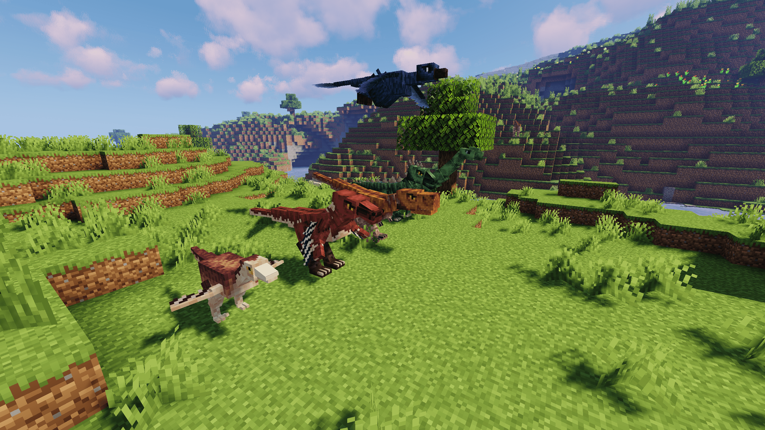 Игрок сражается с динозаврами в моде Dinocraft: Extinction
