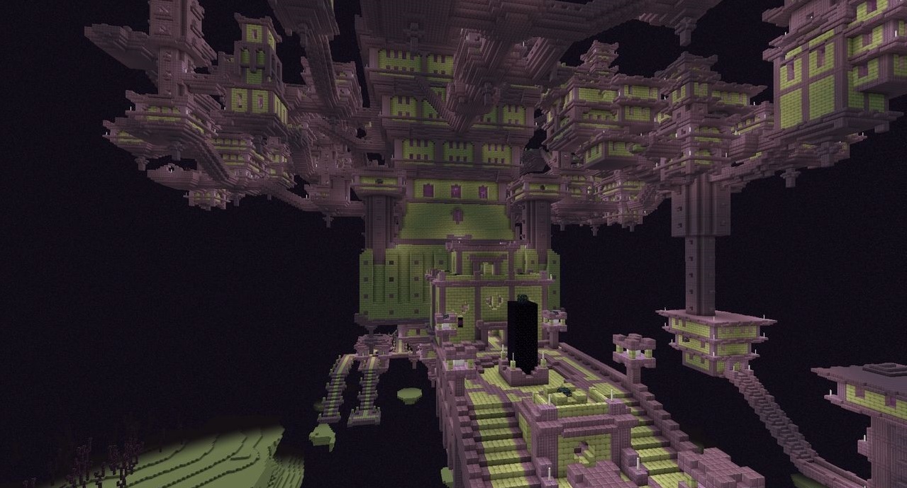 Вид с высоты на замок из мода DnT End Castle Standalone в Minecraft