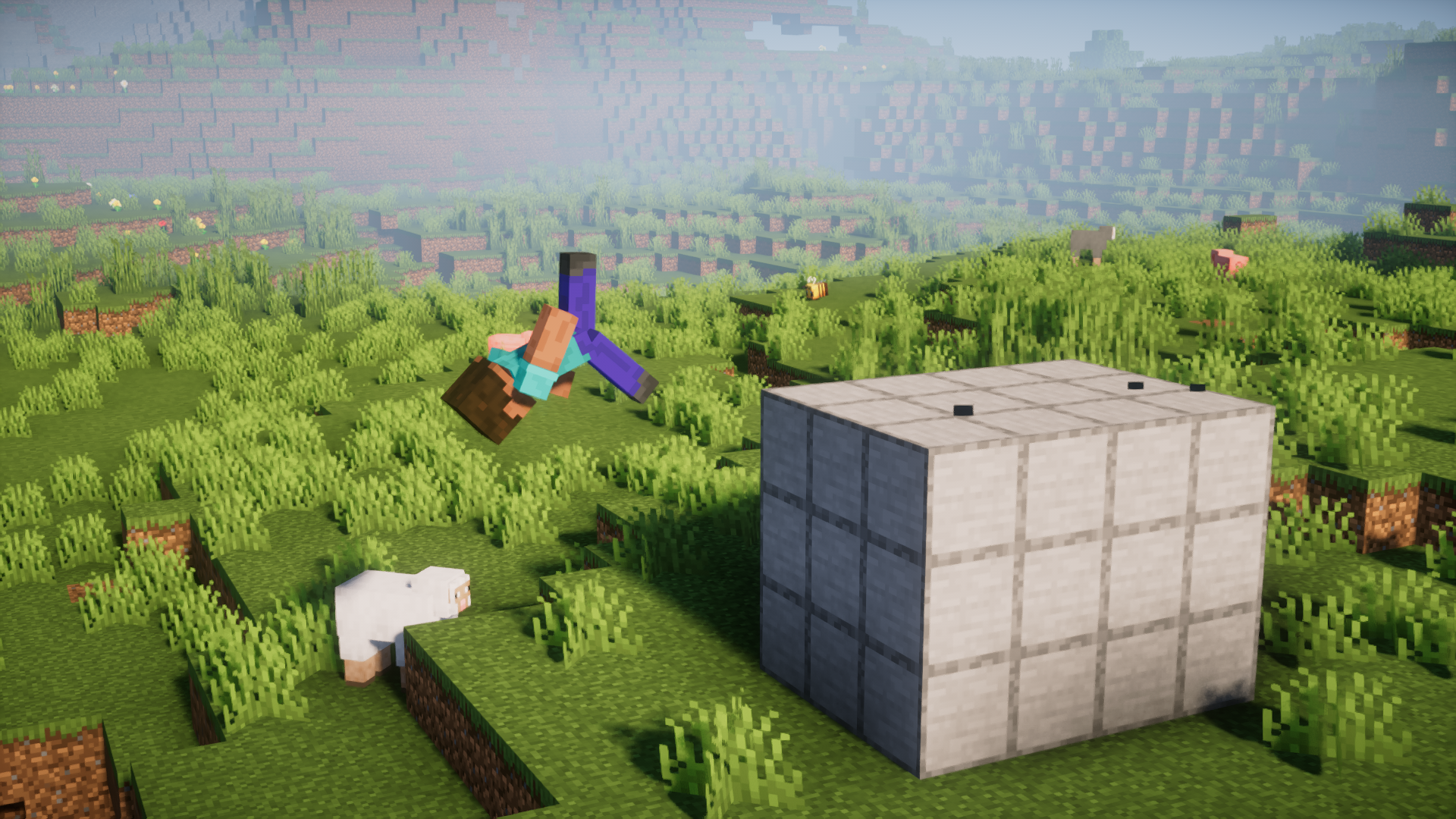 Игрок делает сальто в Minecraft на фоне заката