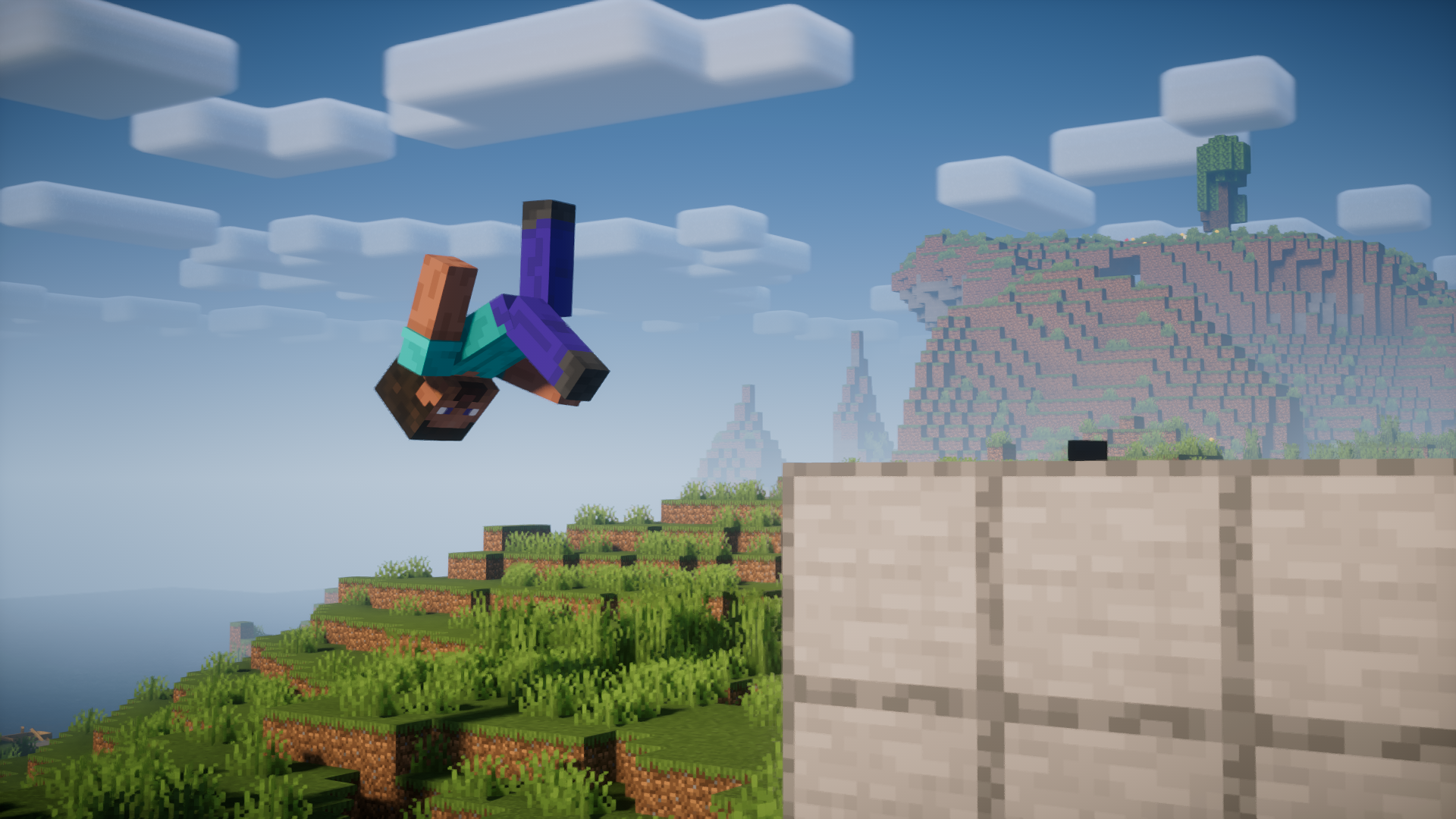 Герой Minecraft в полёте после выполнения сальто в лесном биоме