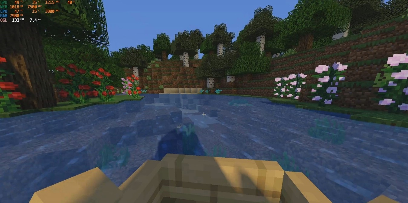 Закат в Minecraft с шейдерами DocteurDread’s, красивые отражения в воде