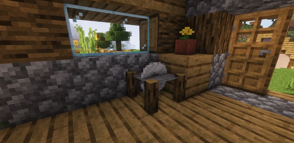 Пример использования мода Domum Ornamentum в интерьере дома в Minecraft