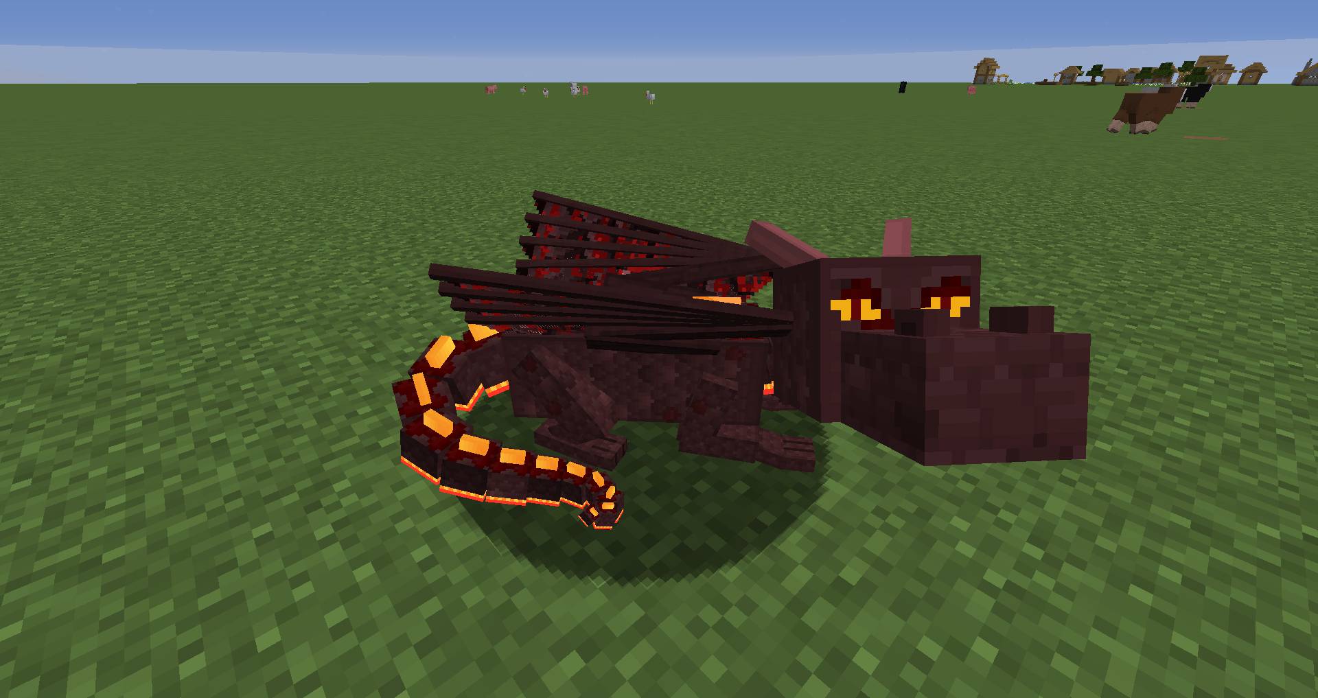 Игрок верхом на огненном драконе в Minecraft с модом Dragon Mounts Legacy