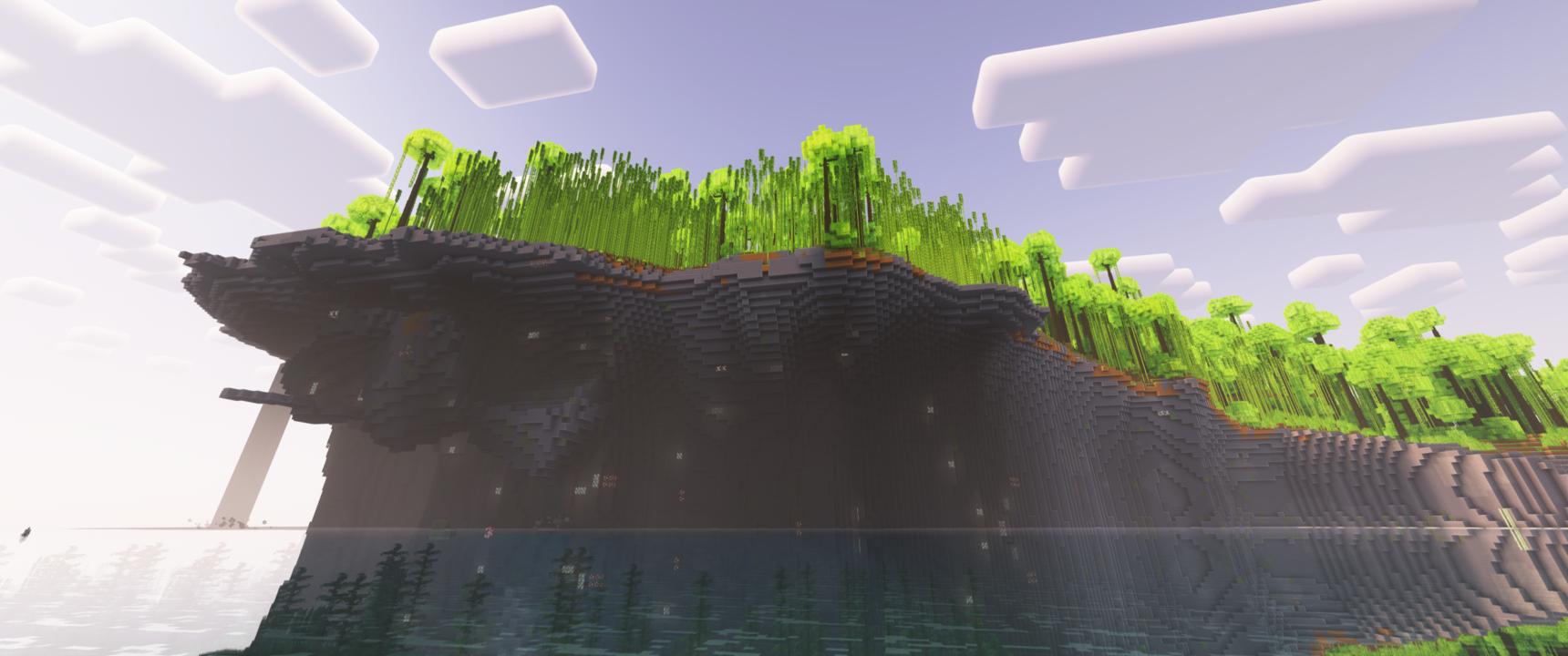 Красивый закат над горами в Minecraft с модом Tectonic